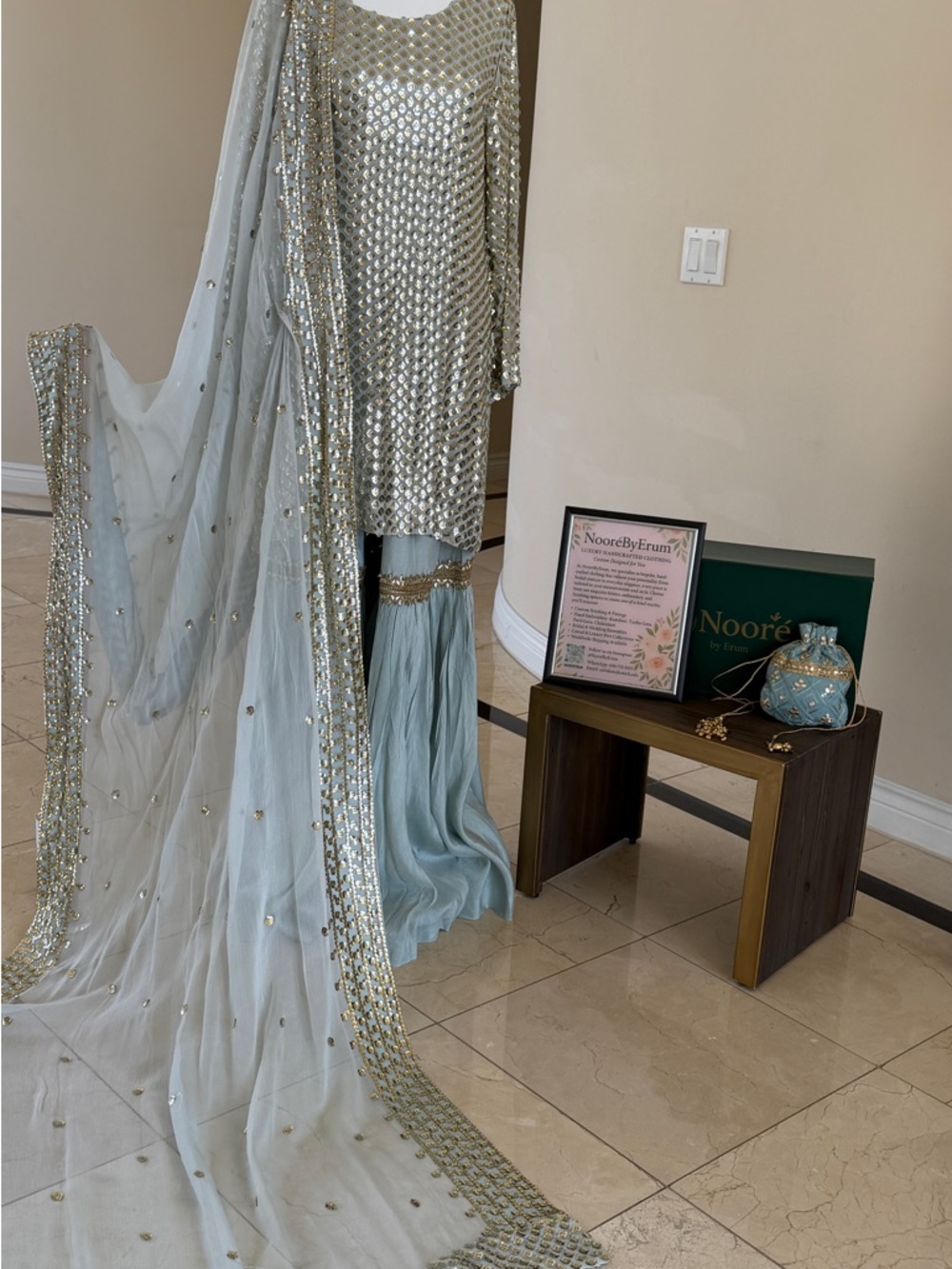 Embellished Light Blue Traditional Outfit with Sequined Top
